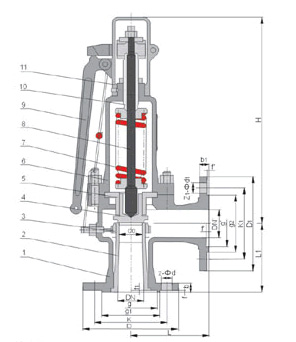 A47H型帶扳手彈簧微啟式安全閥外形尺寸圖